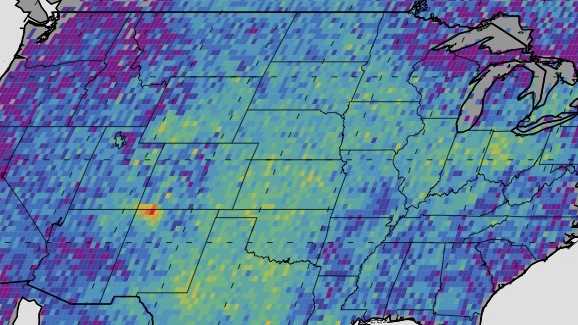 The Four Corners area (red) is the major U.S. hot spot for methane emissions in this map showing how much emissions varied from average background concentrations from 2003-2009.
