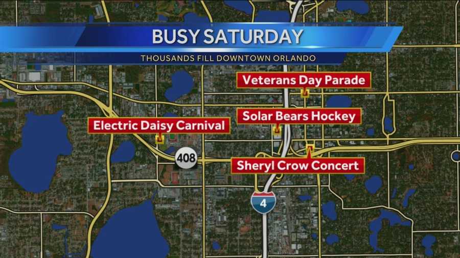 It all began with the Veterans day parade this morning and tonight the Electric Daisy Carnival has filled Tinker Field. Hockey will take over the Amway Center and a big crowd is expected for a free Sheryl Crow concert at the New Dr. Phillips Center for the performing Arts.