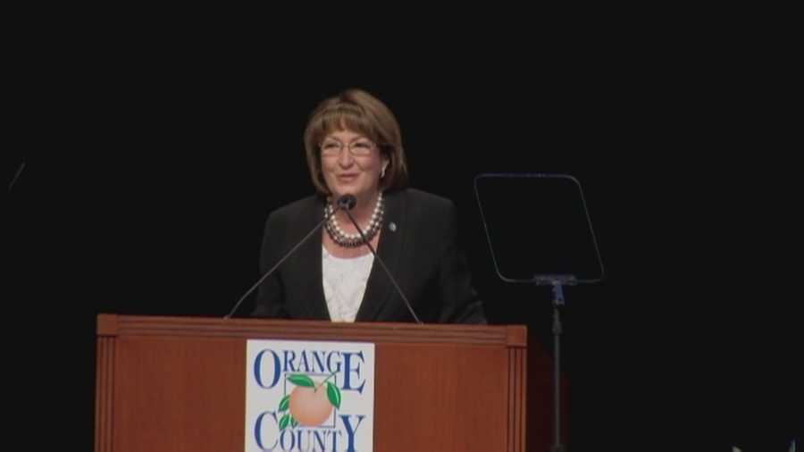During a speech on Tuesday, Orange County Mayor Teresa Jacobs challenged the community to be more compassionate to those struggling and praised the county's job growth.