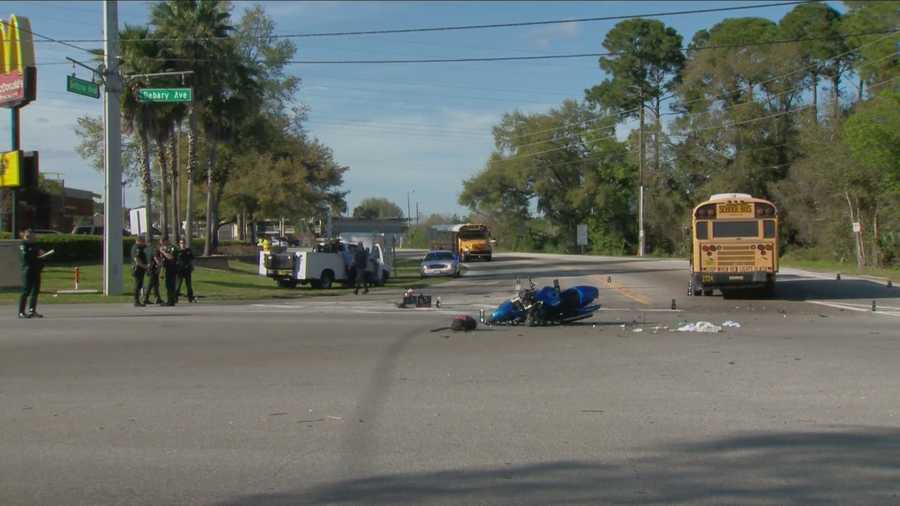 A motorcyclist was killed after colliding with a school bus in Deltona on Monday afternoon.