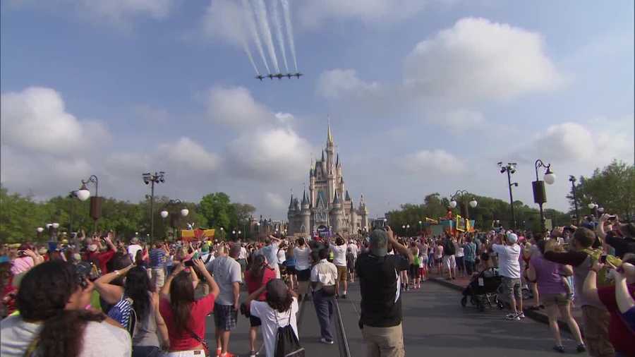 The U.S. Navy Flight Demonstration Squadron, the Blue Angels, flew over Magic Kingdom on Thursday.