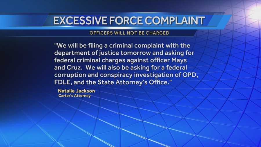 Noel Carter's lawyer, Natalie Jackson, plans to pursue federal criminal charges against the two Orlando police officers seen on tape kicking and using a Taser to shock Carter. Adrian Whitsett has the story.