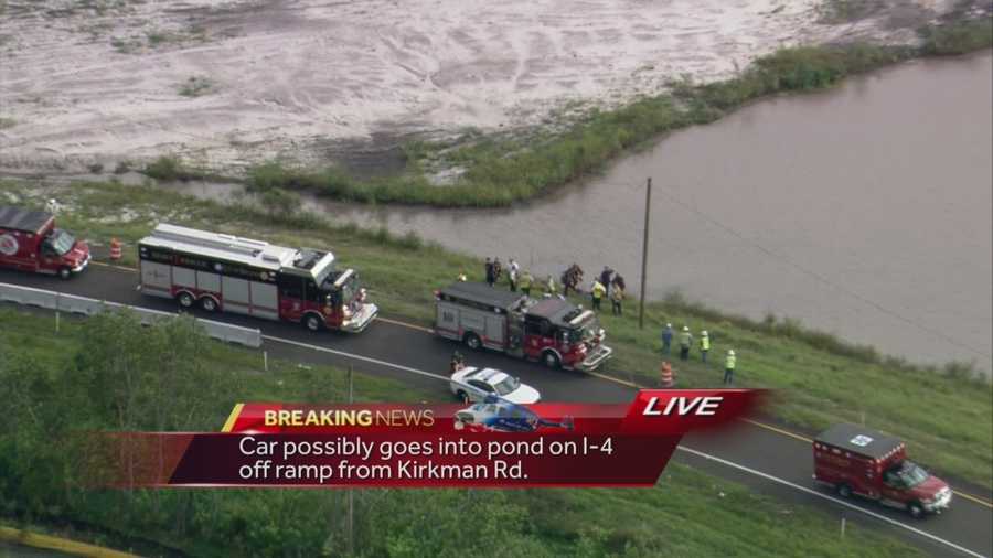 Crews have responded to a report of a car that might have crashed into a retention pond, authorities said Tuesday.The ramp from I-4 westbound to Kirkman Road in the northbound lane is now closed. Summer Knowles reports.