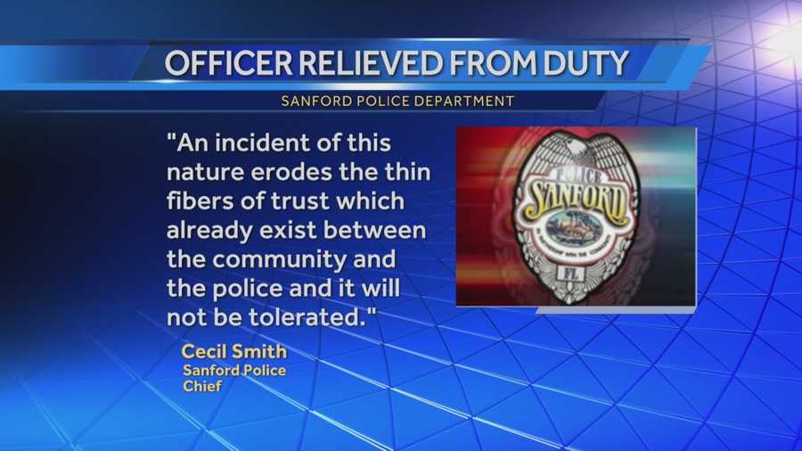 A police officer who joined a band on stage to introduce a song and sing a portion of it while on duty last week has been relieved of duty, the Sanford Police Department said.