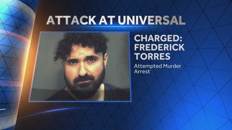Authorities say a caricature artist at Universal Orlando Resort tried to kill a colleague by stabbing him in the neck with scissors on New Year's Day. Detectives said Monday that Frederick Torres was charged with attempted first-degree murder for his attack on Glenn Ferguson at the Islands of Adventure park. Michelle Meredith (@MichelleWESH) has the story.