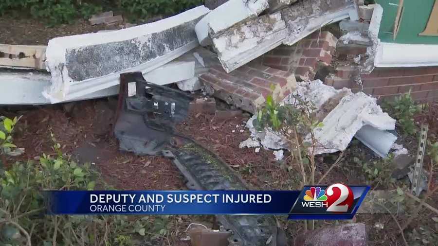 An off-duty Orange County deputy was shot by his own gun after a car crash led to a confrontation. The incident came to an end with the suspect's car slamming into a wall not far away. Michelle Meredith (@MichelleWESH) explains.