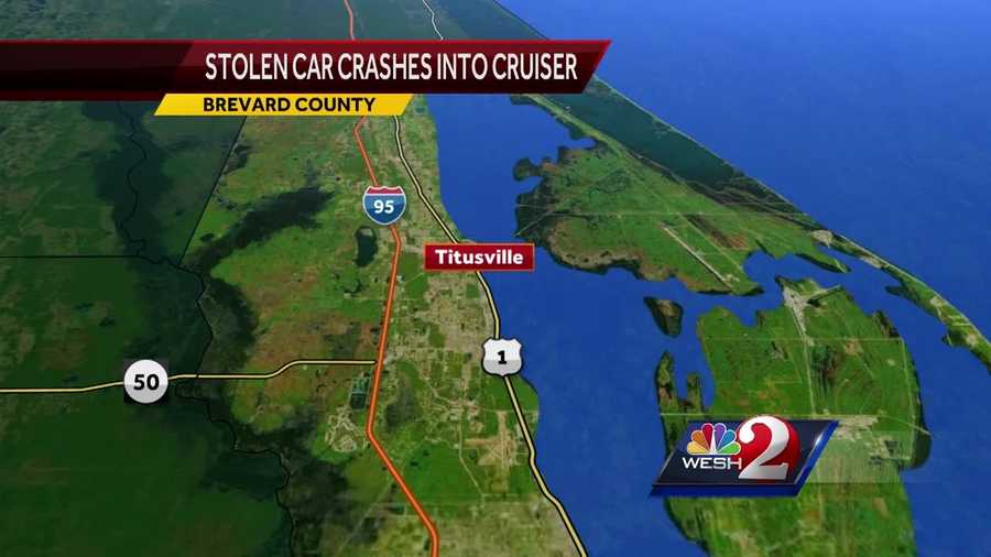 One person has been arrested and two people are wanted by authorities after a stolen vehicle crashed into a Titusville police cruiser Wednesday evening, officials said.
