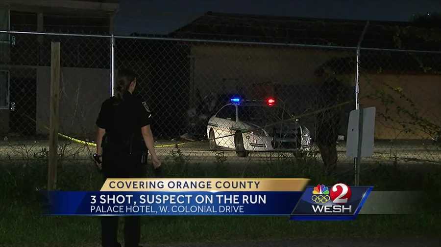 Deputies are searching for the gunman in a triple shooting that happened at the Palace Hotel on West Colonial Drive just after 9:15 p.m. Sunday.