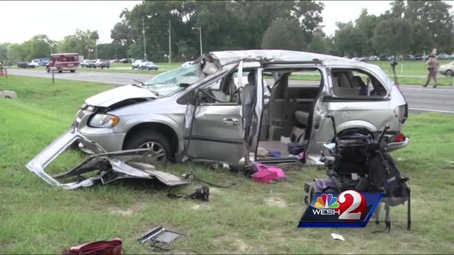 A 25-year-old woman was killed and five other people were injured Wednesday when a van crashed outside Forest High School.