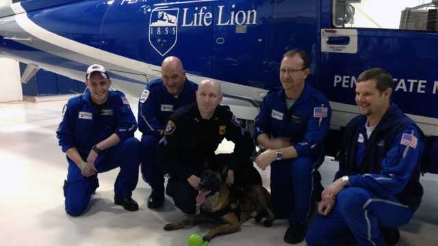 Zeke, the Harrisburg police dog, who was shot in the line of duty and his handler, Cpl. Ty Meik, were reunited with the Penn State Hershey Life Lion critical care transport team.