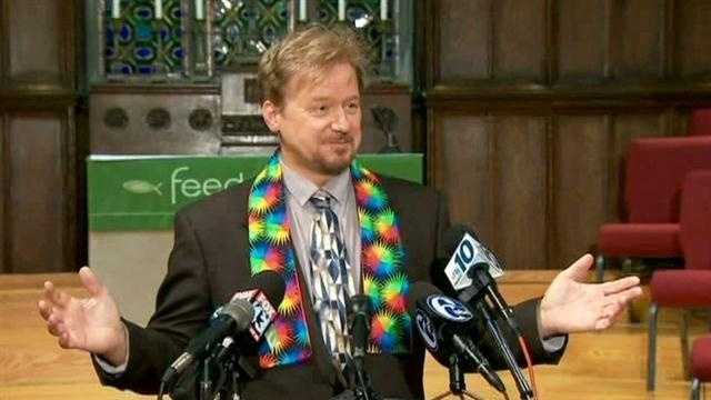 Rev. Frank Schaefer donned a rainbow-colored stole to represent his support of the LGBTQ community at a press conference on Tuesday.