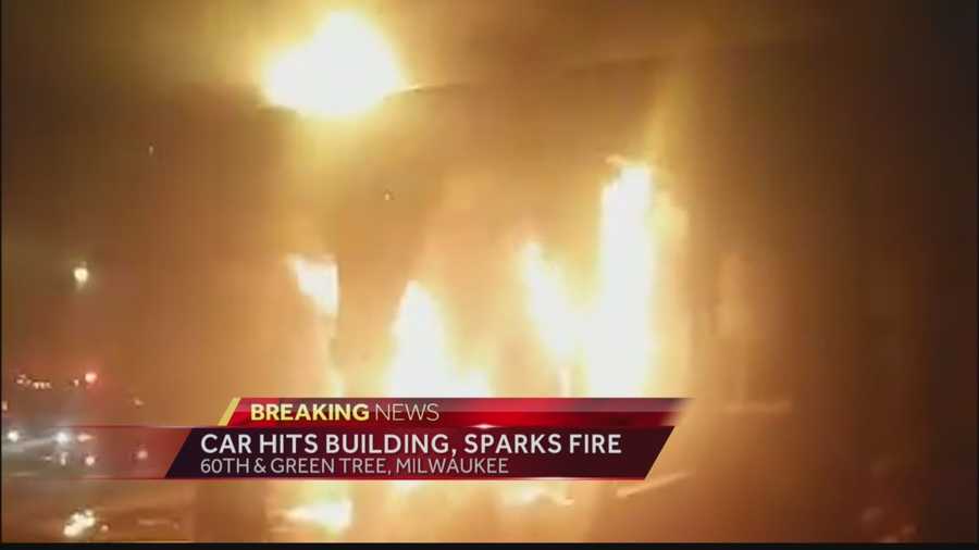 A car crashed into a Milwaukee apartment building, sparking a huge fire. WISN 12 News Thema Ponton reports from the scene.