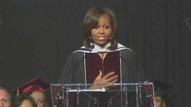 First lady Michelle Obama gave advice and encouragement on moving on to the next chapter at Eastern Kentucky Universitys commencement ceremony Saturday night.