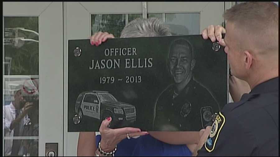 A memorial plaque is dedicated in honor of fallen Bardstown Police Officer Jason Ellis.