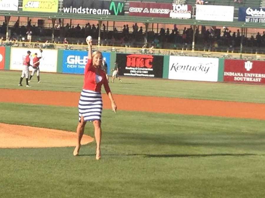 wlky at slugger field 2.jpg Vicki's first pitch at the Louisville Bats game.