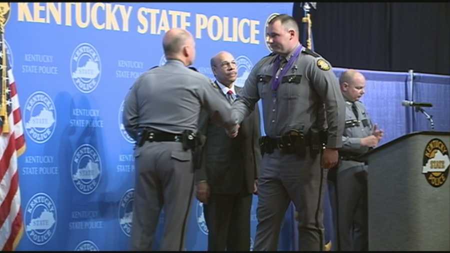 Kentucky State Police troopers are honored at a ceremony in Frankfort on Wednesday.