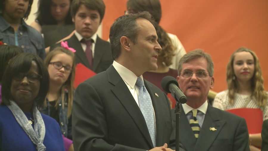 Shortly after his public swearing in ceremony Tuesday, Gov. Matt Bevin met with a crowd at the Kentucky History Center.