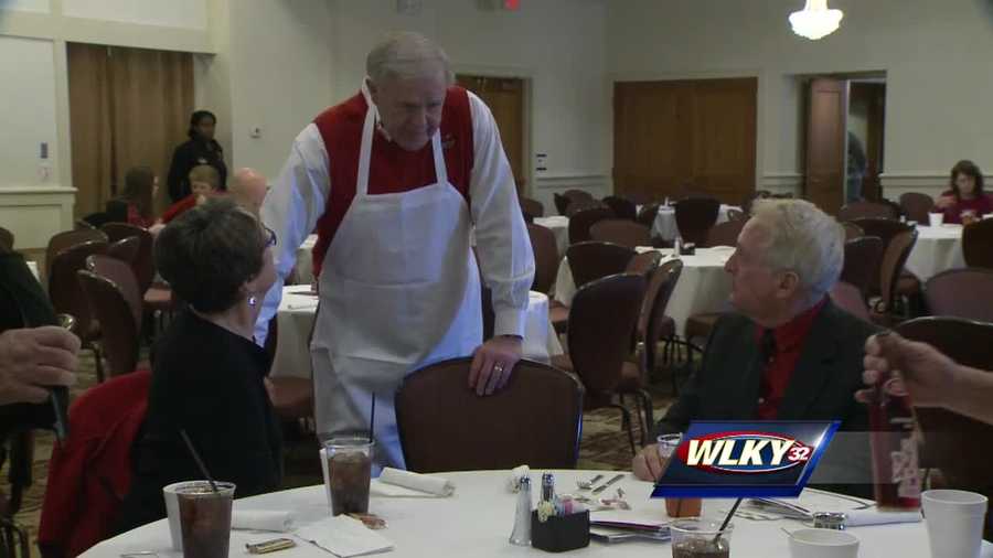 Former University of Louisville men's basketball coach Denny Crum held his annual potato soup luncheon Monday to raise money for student scholarships.