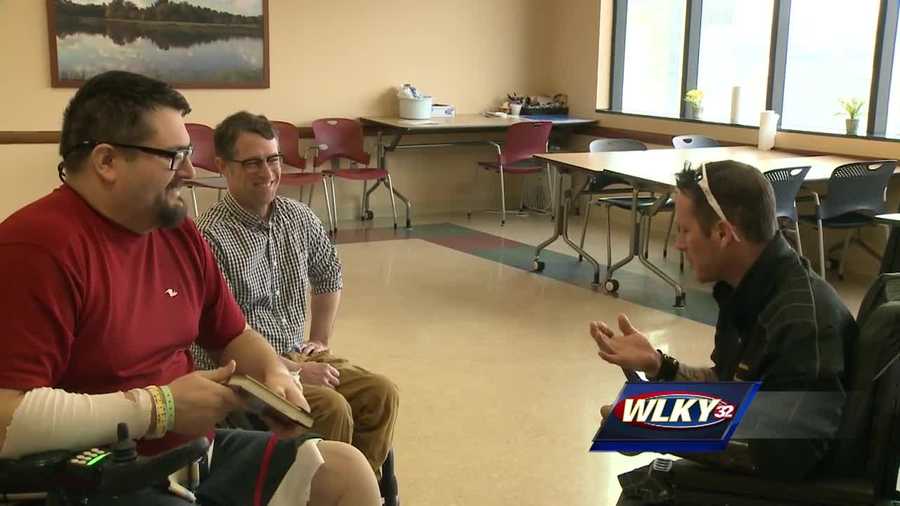 An Army veteran who lost both of his legs and his left hand stopped by Frazier Rehab Monday to talk with other amputees.