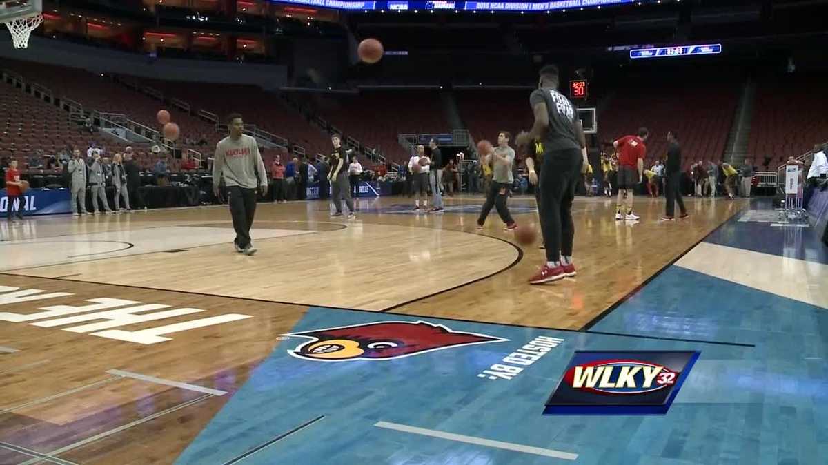 NCAA men's tournament court installed in KFC Yum! Center for South Regional  games