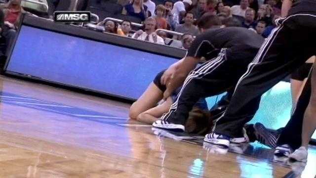 A cheerleader at an Orlando Magic game suffered a scary fall.