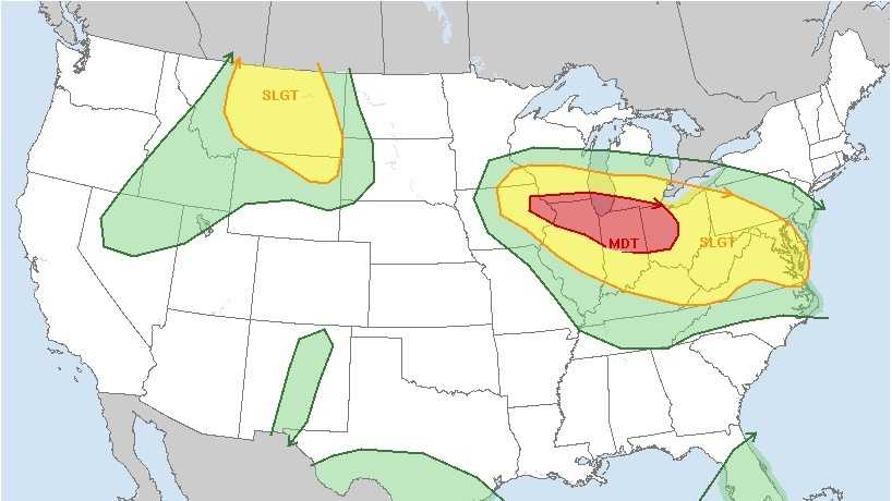 Map shows areas of U.S. under risk: slight = yellow, red = moderate, pink = high; the Tri-state area has been mostly removed from the moderate risk area.
