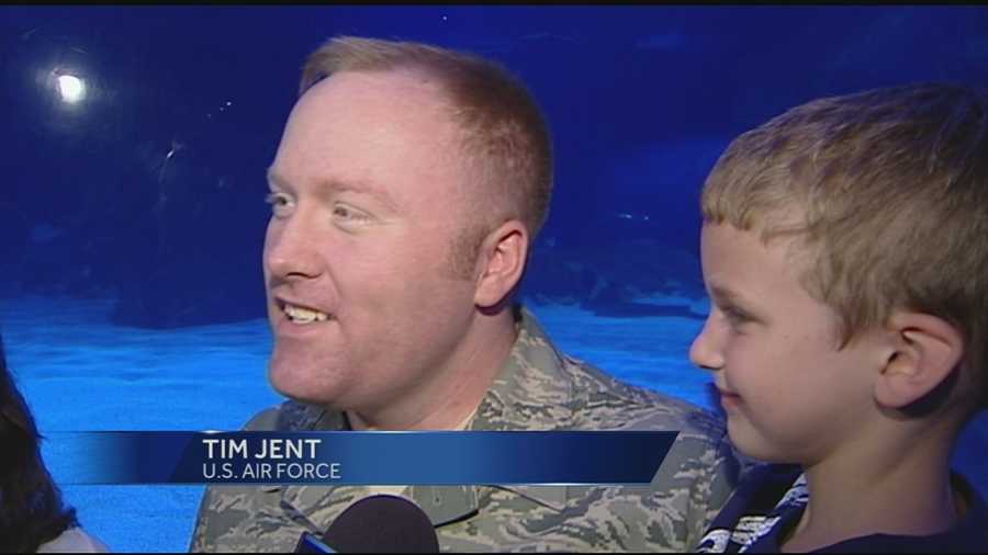 A Tri-State 6-year-old found more than fish during a trip to the Newport Aquarium Tuesday. Logan Jent’s father, who had been serving overseas for the past seven months, showed up during a dive show.