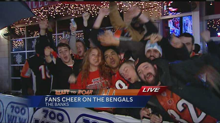 Cincinnati Bengals fans at The Banks celebrate a big victory over Peyton Manning and the Denver Broncos.
