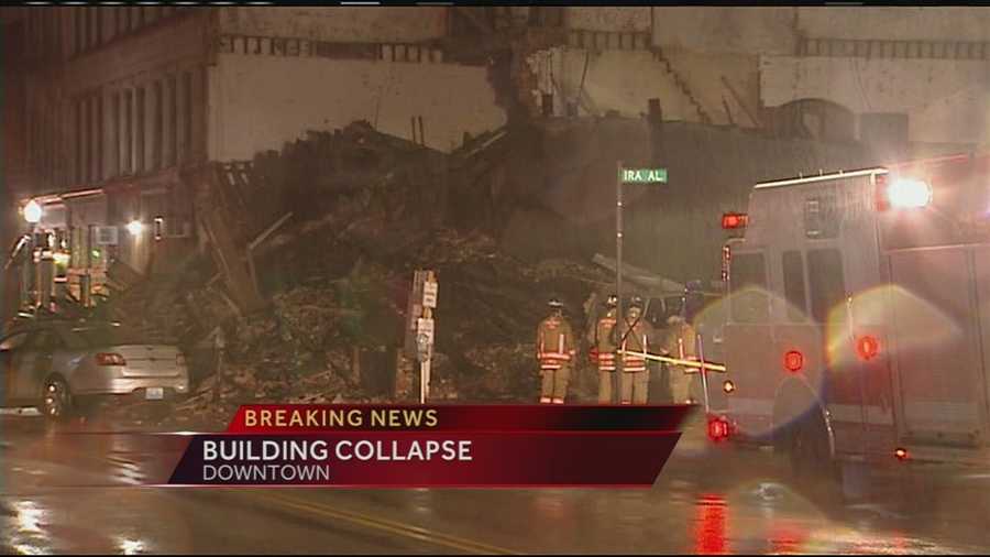 A building in downtown Cincinnati was reduced to a pile of rubble after it partially collapsed at about 9:30 p.m. Saturday. Authorities said the building is in the 100 block of West Court Street near Elm Street.