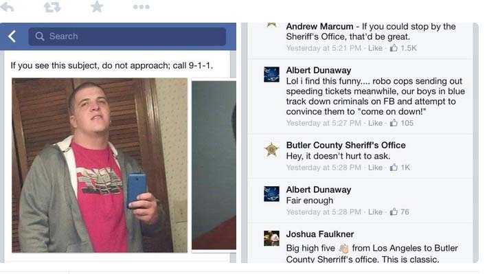 Wanted man comments on Butler Co. Sheriff's Office Facebook post about him