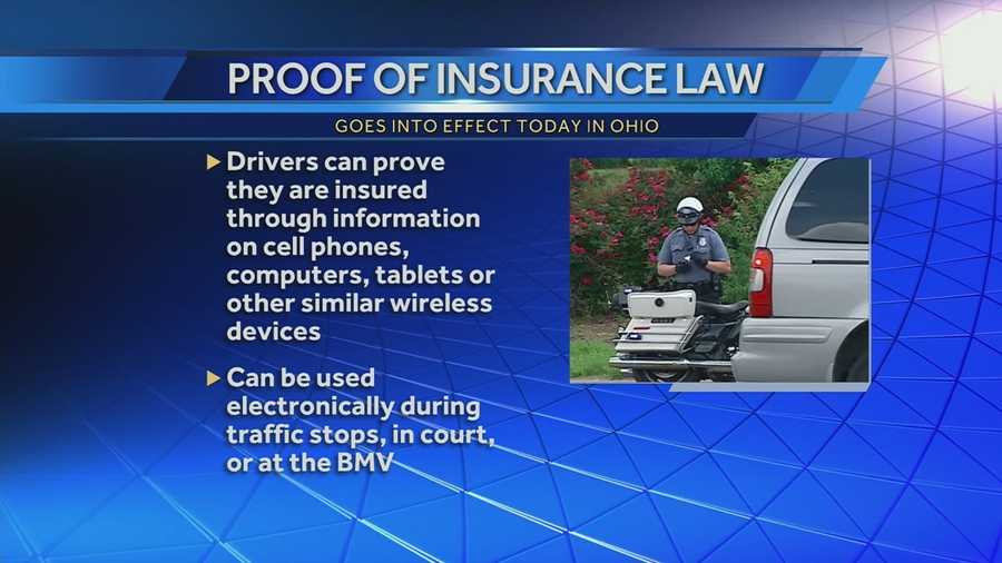 The new state law goes into effect today allowing drivers in ohio to show proof of insurance electronically. It's not just at traffic stops.The electronic proof of insurance can be used at the Bureau of Motor Vehicles, courts. and any traffic violation bureaus. You can use you phone, tablet, even computer instead of searching for the printed card.