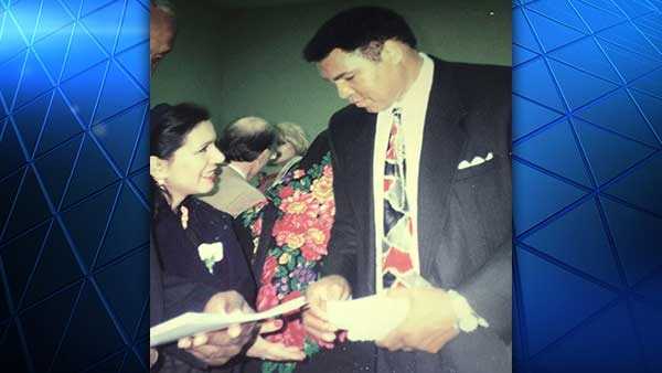 The late boxing great Muhammad Ali at the inauguration of the Islamic Center of Greater Cincinnati in November 1995 with now-president of the Islamic Center of Greater Cincinnati board Shakila Ahmad.