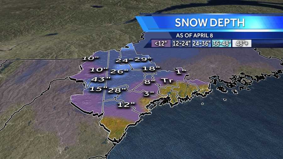 This is the snow depth as of Monday April 8. The overnight rain will continue to melt the snow pack this week.  Continue to see a town-by-town look at the snow depth.