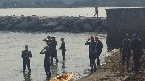First time participants of the Tri For A Cure learn techniques to prepare them for the conditions of an open water swim.