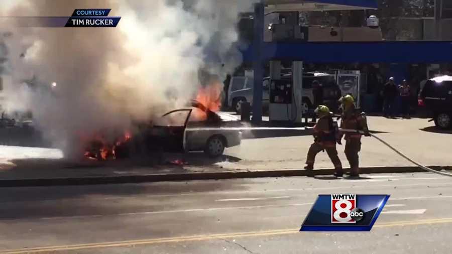 Lewiston firefighters quickly extinguished a car on fire at the Elizabeth Ann General Store. (Video courtesy: Tim Rucker)