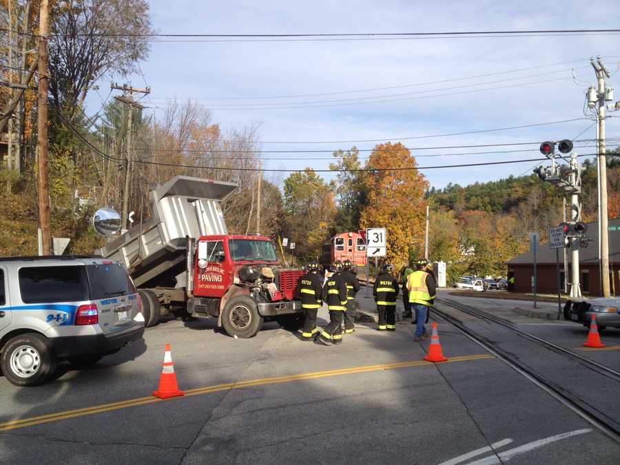 Images Train, truck collide in Wilton