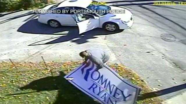 Police in Portsmouth are looking for the man who was caught on tape targeting one of Republican presidential candidate Mitt Romney's campaign signs.
