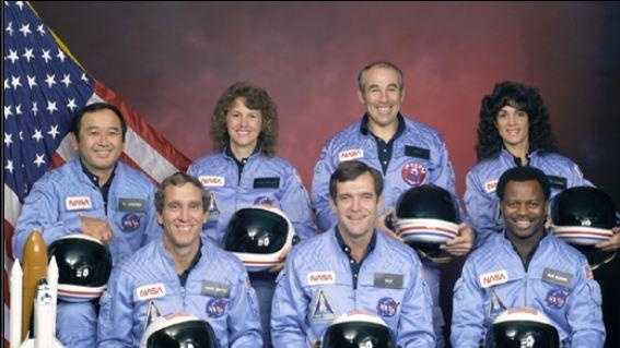 McAuliffe is pictured here with other crew members: Michael J. Smith, Dick Scobee, Ronald McNair, Ellison Onizuka, Gregory Jarvis and Judith Resnik