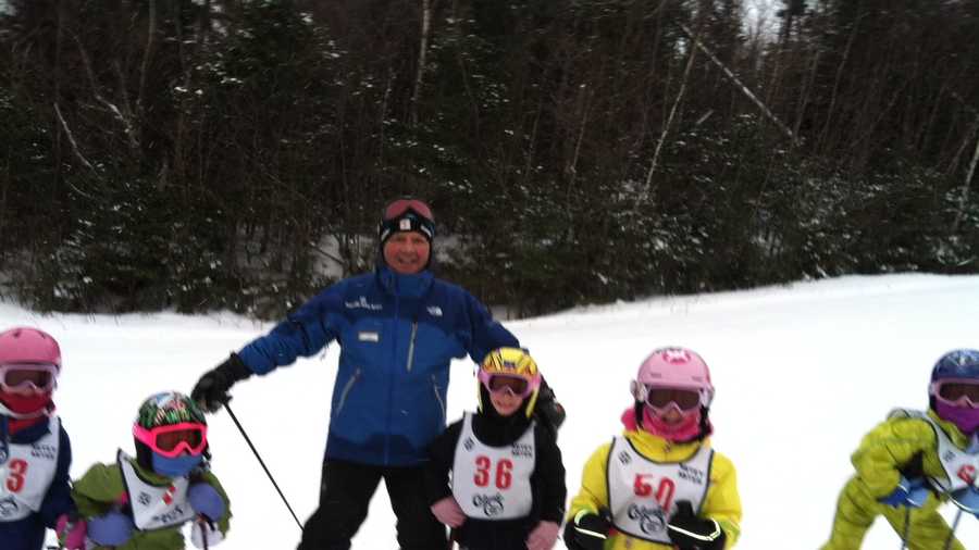 Waterville Valley's beloved instructor, Ron Boulay, and his little companions, on Sunday, Jan. 20 as it snowed. Ron has been teaching kids, ages 5 to 7, the joy of skiing for 45 years at Waterville Valley. He hasn't missed a single weekend day with these kids in all that time.
