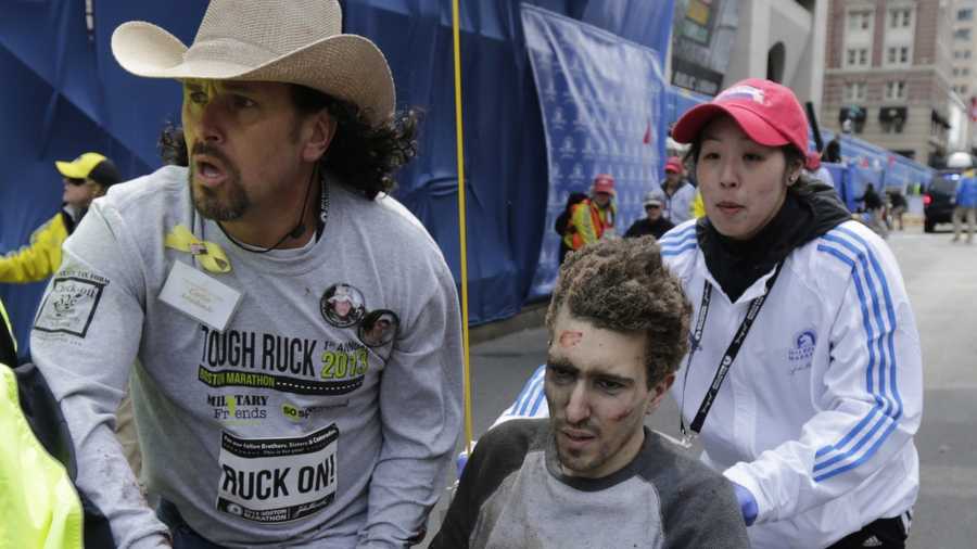 Jeff Bauman Jr., of Chelmsford, seen here with Carlos Arredondo in the moments after the blast, lost two legs.