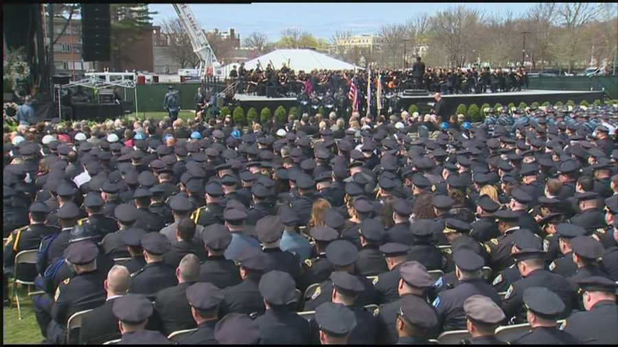 As many as 20,000 people gathered at Briggs Field on Wednesday to honor Massachusetts Institute of Technology police Officer Sean Collier.