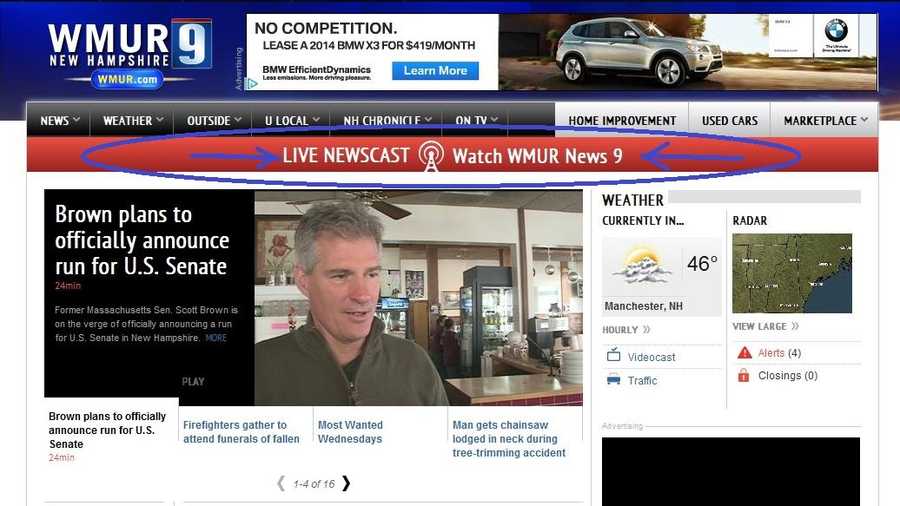 How the homepage looks during a newscast. Note the click-able live stream banner.
