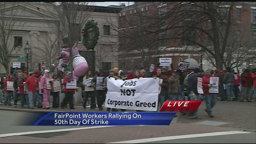 Striking FairPoint workers rallied at Market Square on Portsmouth on Friday on the 50th day since workers walked off the job over a contract dispute.