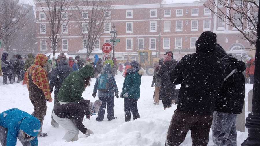 A big snowball fight broke out in downtown Portsmouth during the blizzard Tuesday.