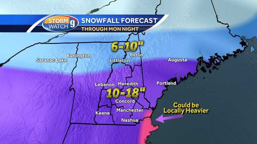 Snow will fall off and on through Monday night in New Hampshire. Check out the latest hour-by-hour forecast maps.