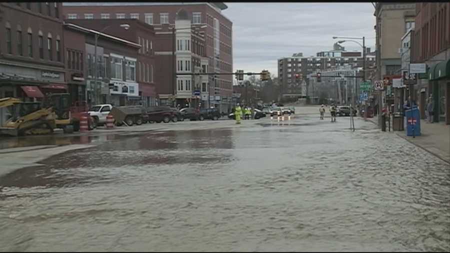 Crews were working Tuesday to repair a water main break that sent tens of thousands of gallons of water per minute rushing down Main Street in Concord.