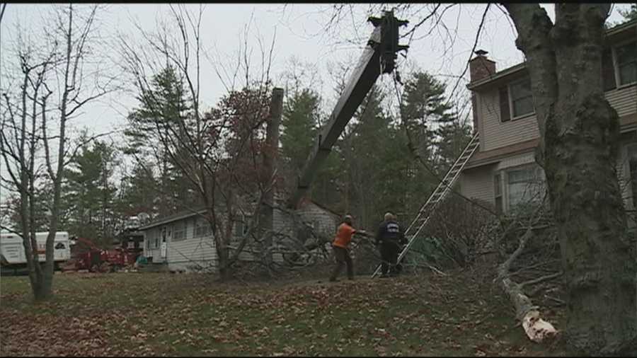 A crane crashed through the roof of a Merrimack home Thursday where workers were cutting trees.