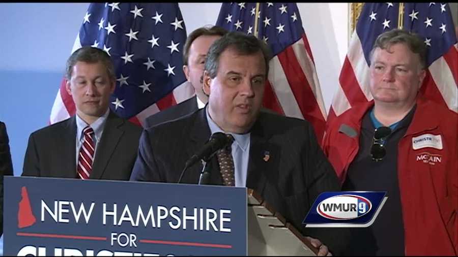 New Jersey Gov. Chris Christie was back on the campaign trail Monday in New Hampshire while his home state continued to assess damage from a record-breaking blizzard.