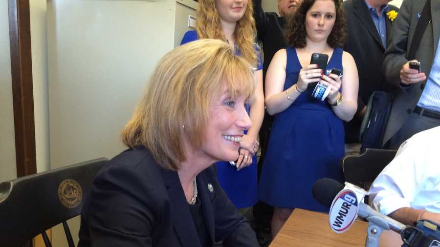 Gov. Maggie Hassan speaks to reporters after filing for the U.S. Senate on Monday, June 6.