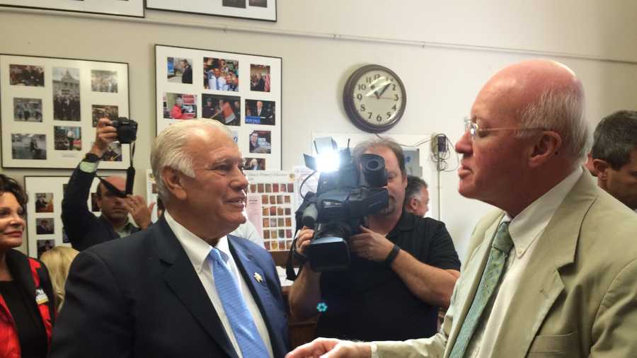 Manchester Mayor Ted Gatsas (left) is greeted by Secretary of State Bill Gardner as Gatsas filed his candidacy for governor on Friday. (John DiStaso/WMUR)